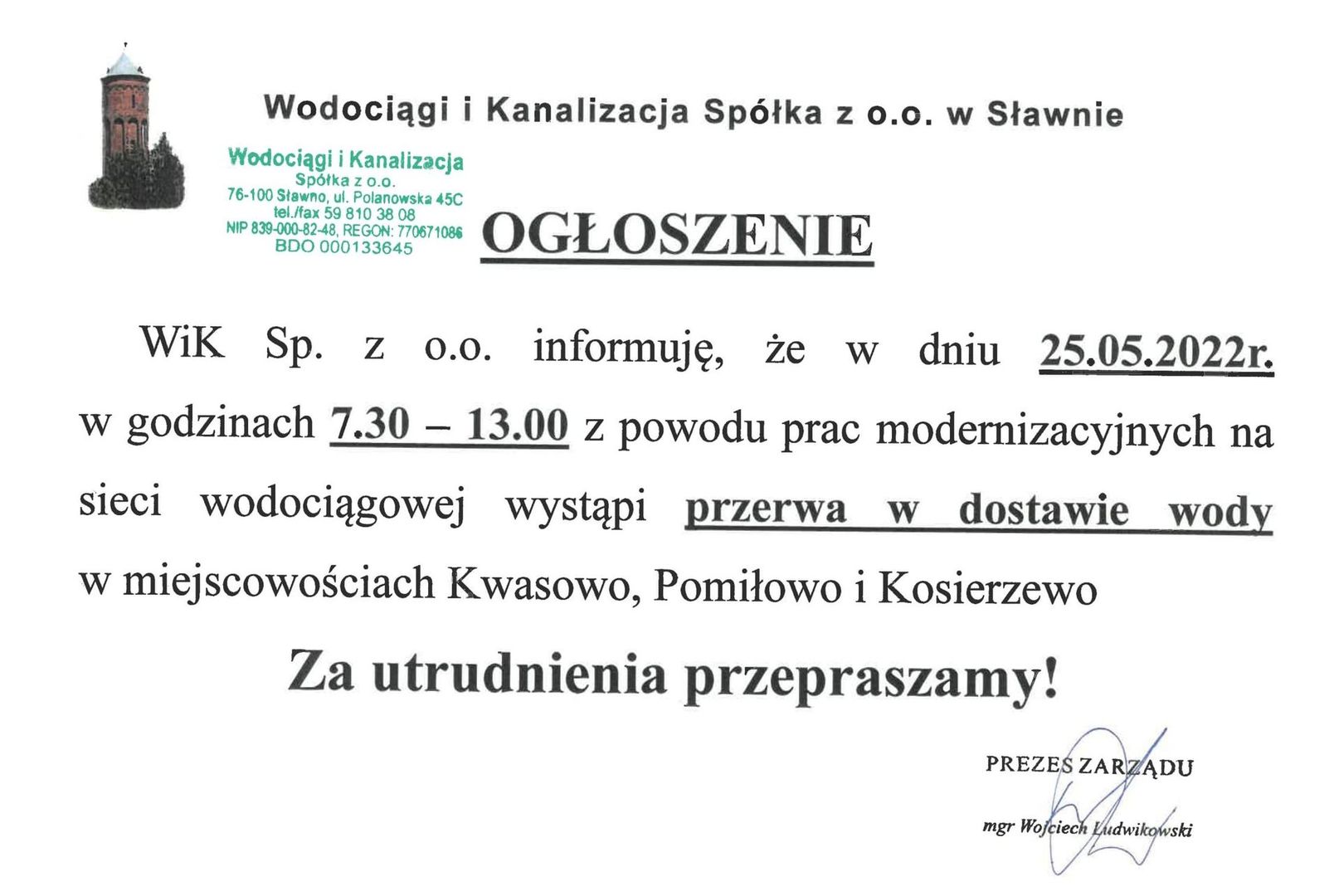 Informacja o przerwie w dostawie wody w miejscowości w Kosierzewie.
