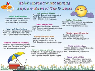 Harmonogram zajęć w Placówkach Wsparcia Dziennego w dniach 13-15 czerwca.