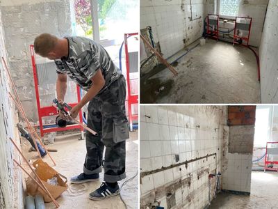 Kolaż zdjęć z remontu w Szkole Podstawowej w Lejkowie.