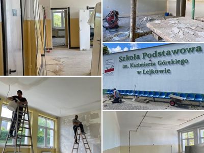 Kolaż zdjęć z remontu w Szkole Podstawowej w Lejkowie. 