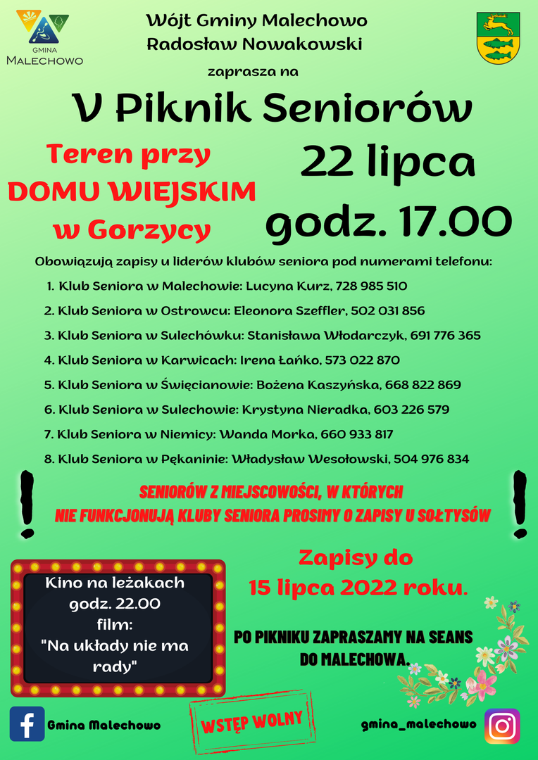 Plakat dotyczący V pikniku Seniorów w Gorzycy.