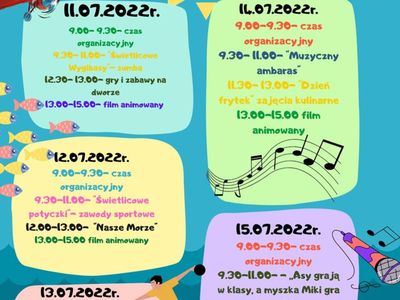 Plan zajęć drugiego turnusu w Świetlicy Kultury w Malechowie, tydzień pierwszy.