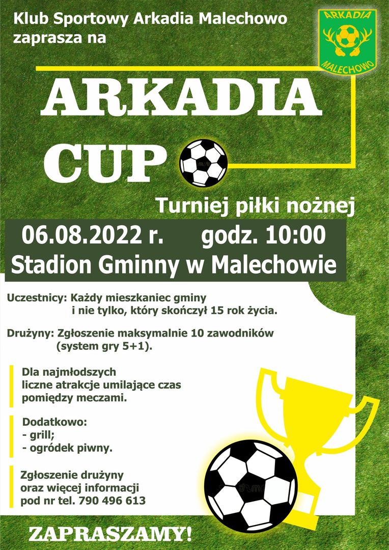 Plakat informujący o turnieju piłki nożnej Arkadia Cup.