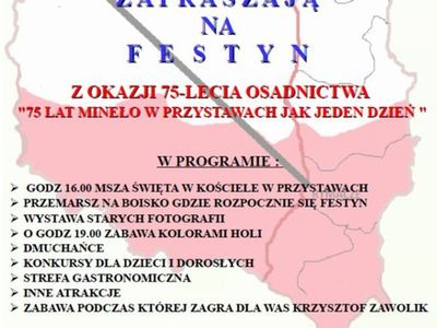 Plakat dotyczący Festynu z okazji 75-lecia osadnictwa w Przystawach.