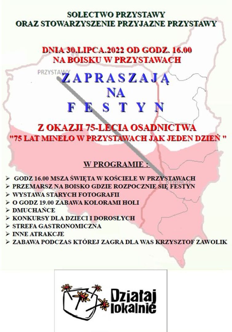 Plakat dotyczący Festynu z okazji 75-lecia osadnictwa w Przystawach. 