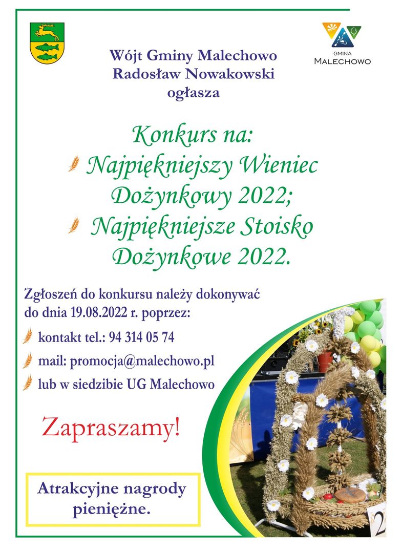 Plakat dotyczący Najpiękniejszego Wieńca Dożynkowego i Stoiska Dożynkowego 2022