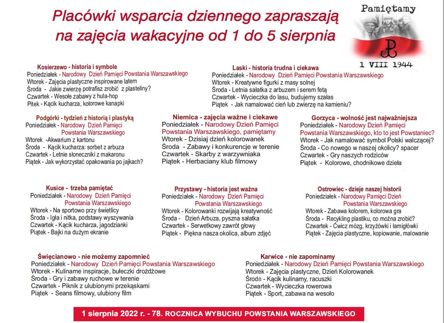 Harmonogram zajęć 1-5 sierpnia w Placówkach Wsparcia Dziennego. 