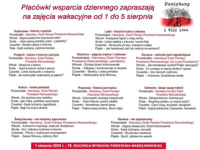 Harmonogram zajęć 1-5 sierpnia w Placówkach Wsparcia Dziennego.