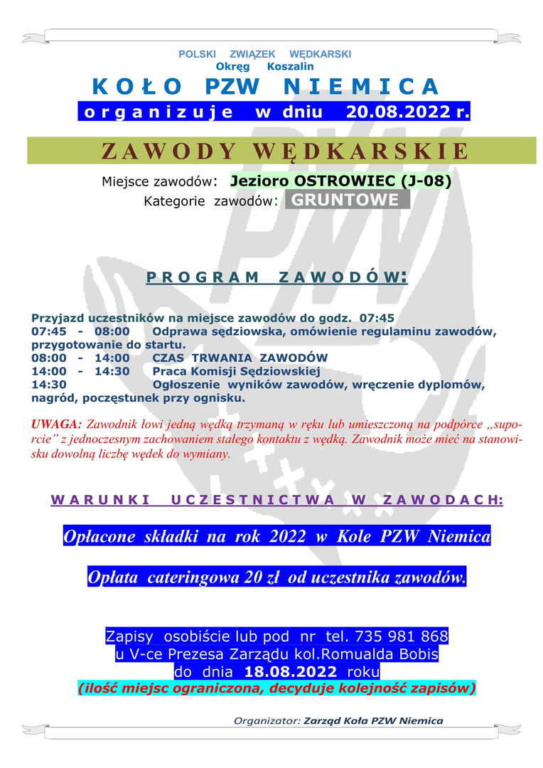 Plakat informujący o zawodach wędkarskich organizowanych przez PZW Niemica.