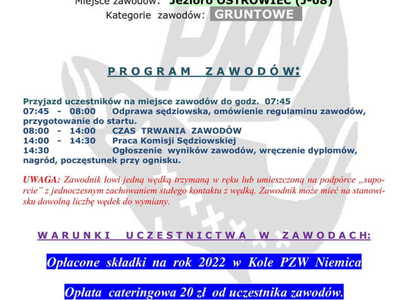 Plakat informujący o zawodach wędkarskich organizowanych przez PZW Niemica.