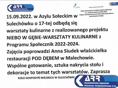 Plakat z zaproszeniem na warsztaty kulinarne.