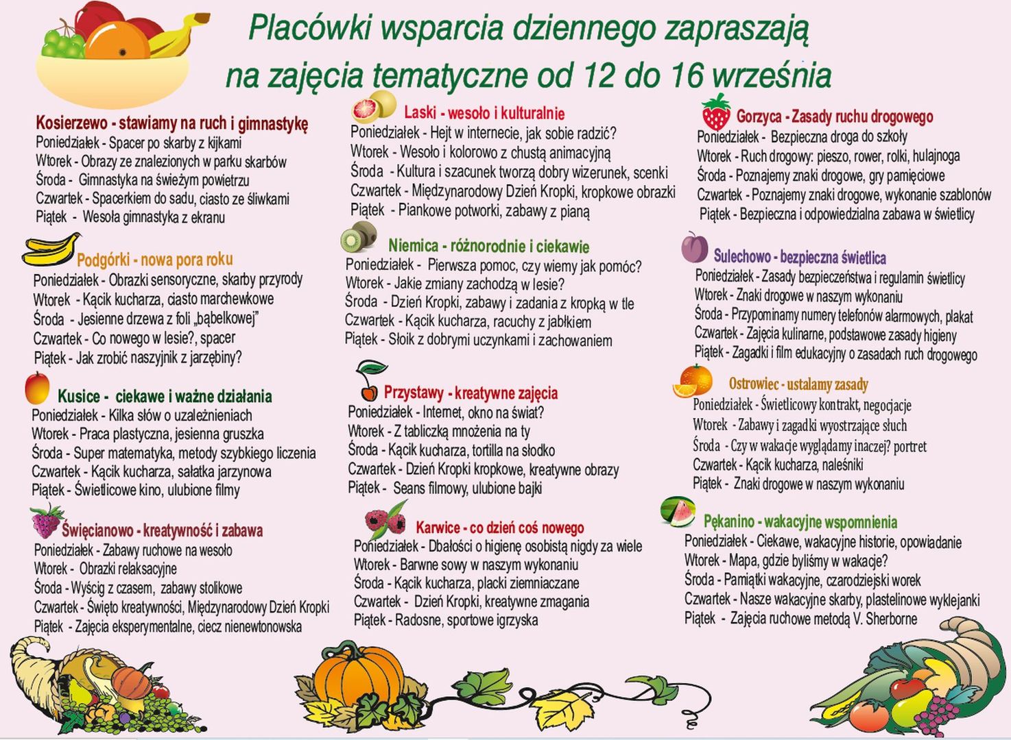 Plan zajęć w dniach 12-16 września.