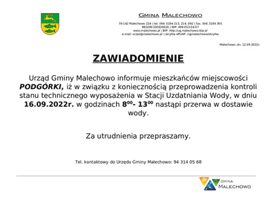 Informacja dotycząca przerwy w dostawie wody w miejscowości Podgórki.