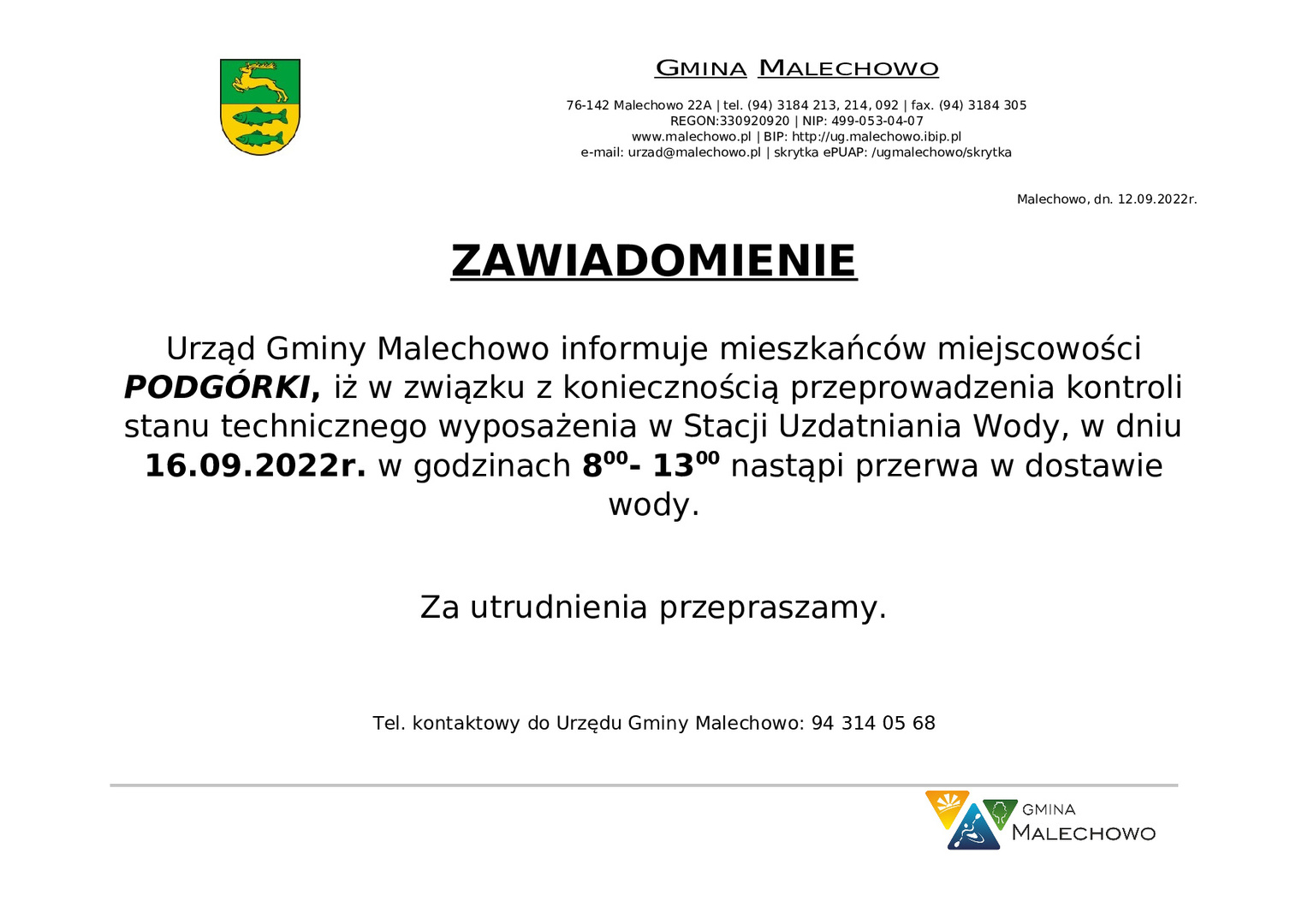 Informacja dotycząca przerwy w dostawie wody w miejscowości Podgórki.
