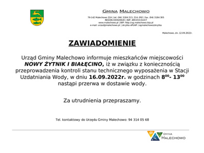 Informacja dotycząca w przerwy w dostawie wody w miejscowości Nowy Żytnik i Biełęcino.