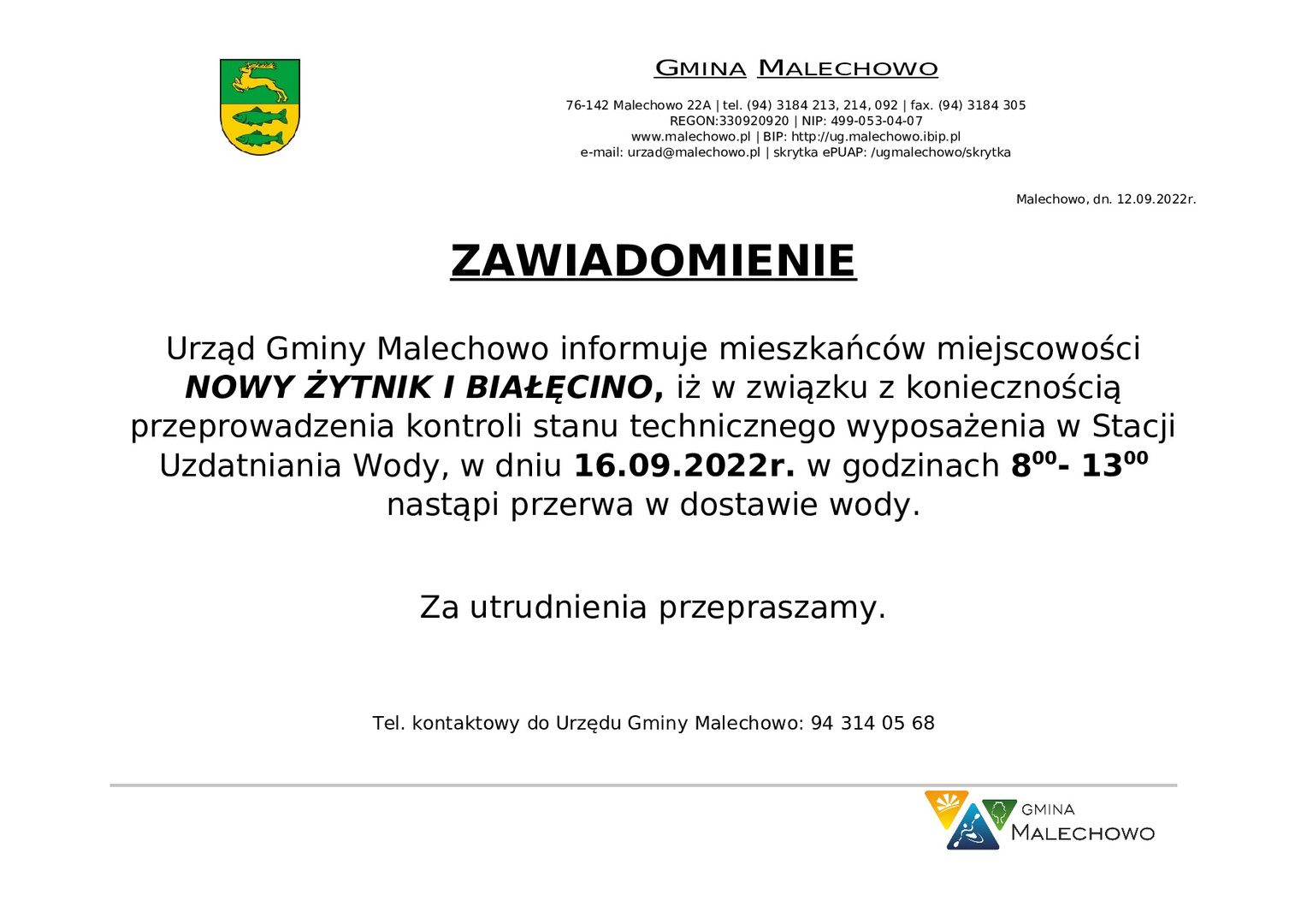 Informacja dotycząca w przerwy w dostawie wody w miejscowości Nowy Żytnik i Biełęcino.