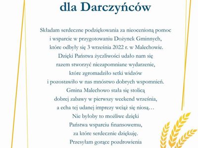Podziękowania dla darczyńców Dożynek Gminnych 2022.