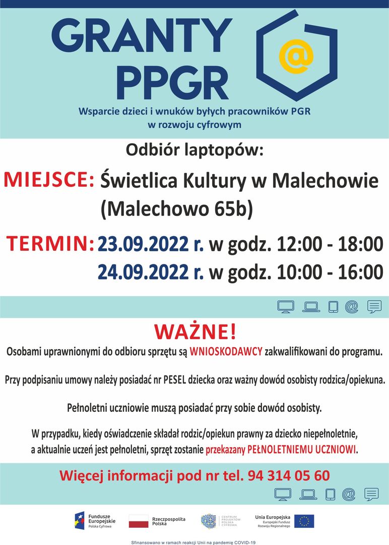 Plakat - przekazywanie laptopów w Świetlicy Kultury w Malechowie. 
