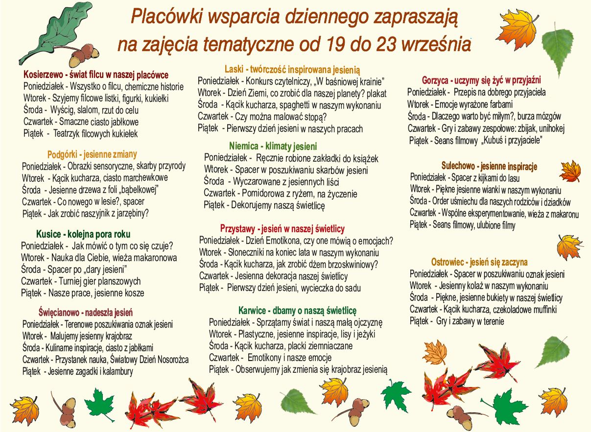 Harmonogram zajęć w Placówkach Wsparcia Dziennego w dniach 19-23 września.