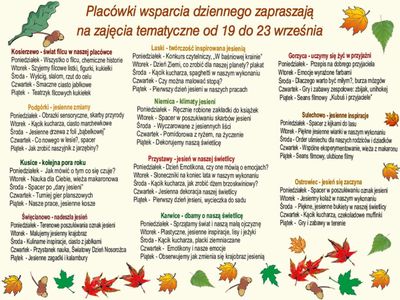 Harmonogram zajęć w Placówkach Wsparcia Dziennego w dniach 19-23 września.