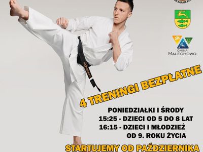 Plakat informujący o naborze na zajęcia karate w Świetlicy Kultury w Malechowie. 