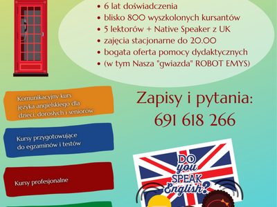 Plakat informujący o naborze na zajęcia języka angielskiego w Świetlicy Kultury w Malechowie. 