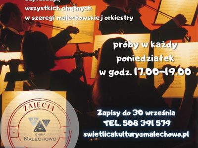 Plakat informujący o naborze do orkiestry w Świetlicy Kultury w Malechowie. 
