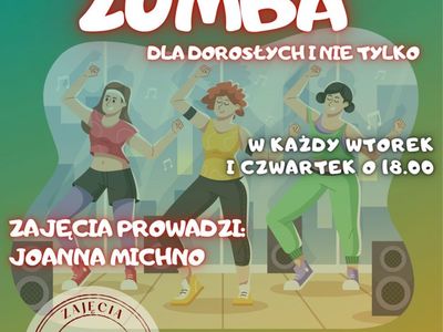 Plakat informujący zumby dla dorosłych i nie tylko w Świetlicy Kultury w Malechowie. 