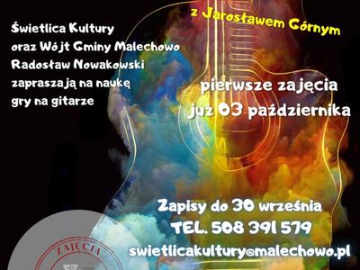 Plakat informujący zajęciach nauki gry na gitarze w Świetlicy Kultury w Malechowie. 