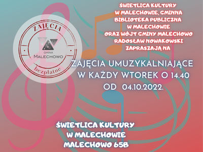Plakat informujący o naborze na zajęcia rytmiki w Świetlicy Kultury w Malechowie. 