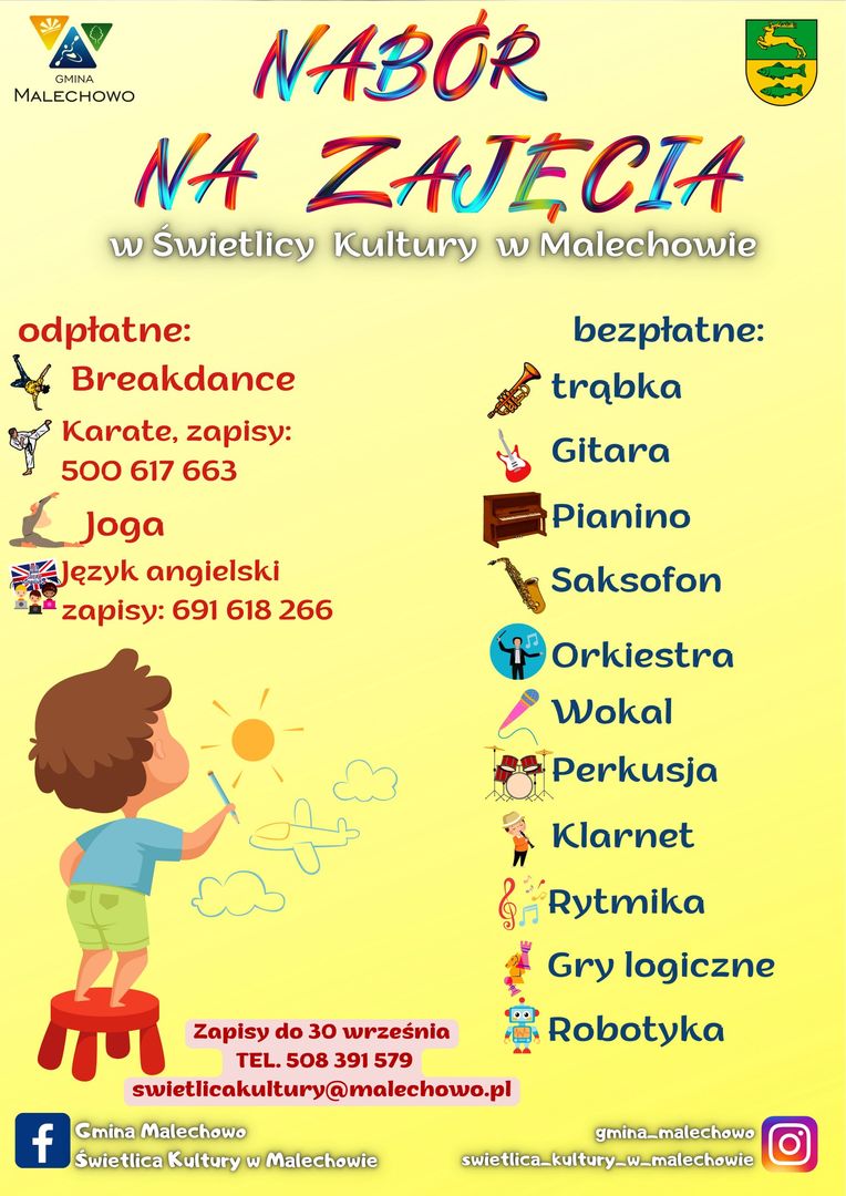 Plakat dotyczący naboru. na zajęcia do Świetlicy Kuultury w Malechowie. 