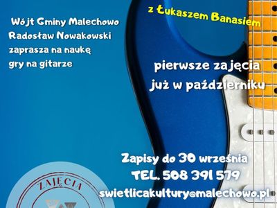 Plakat informujący o naborze na zajęcia gitary w Domu Wiejskim w Ostrowcu. 
