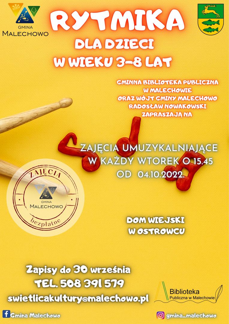 Plakat informujący o naborze na zajęcia rytmiki w Domu Wiejskim w Ostrowcu.