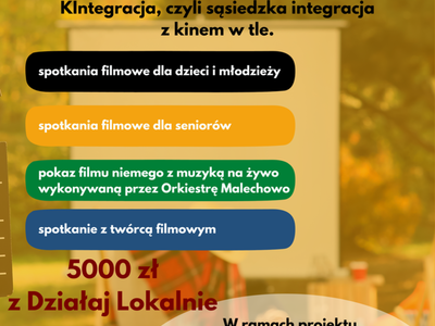 Plakat informujący o projekcie KIntegracja, sąsiedzka intgracja z kinem w tle.