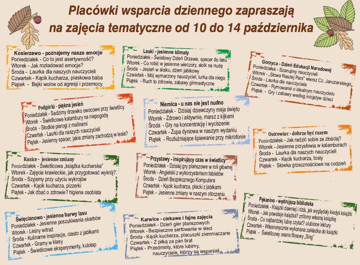 Harmonogram zajęć w dniach 10-14 października.
