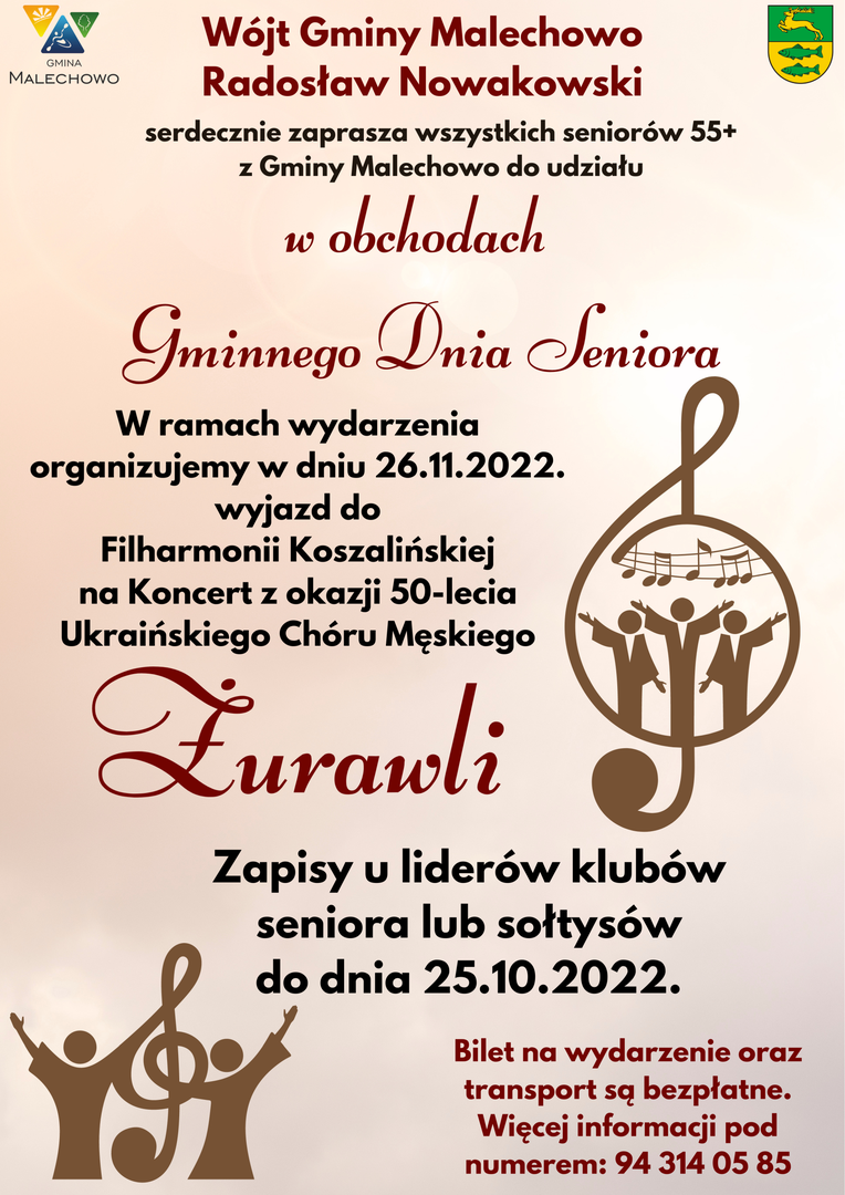 Plakat informujący o zapisach na koncert z okazji Dnia Seniora. 