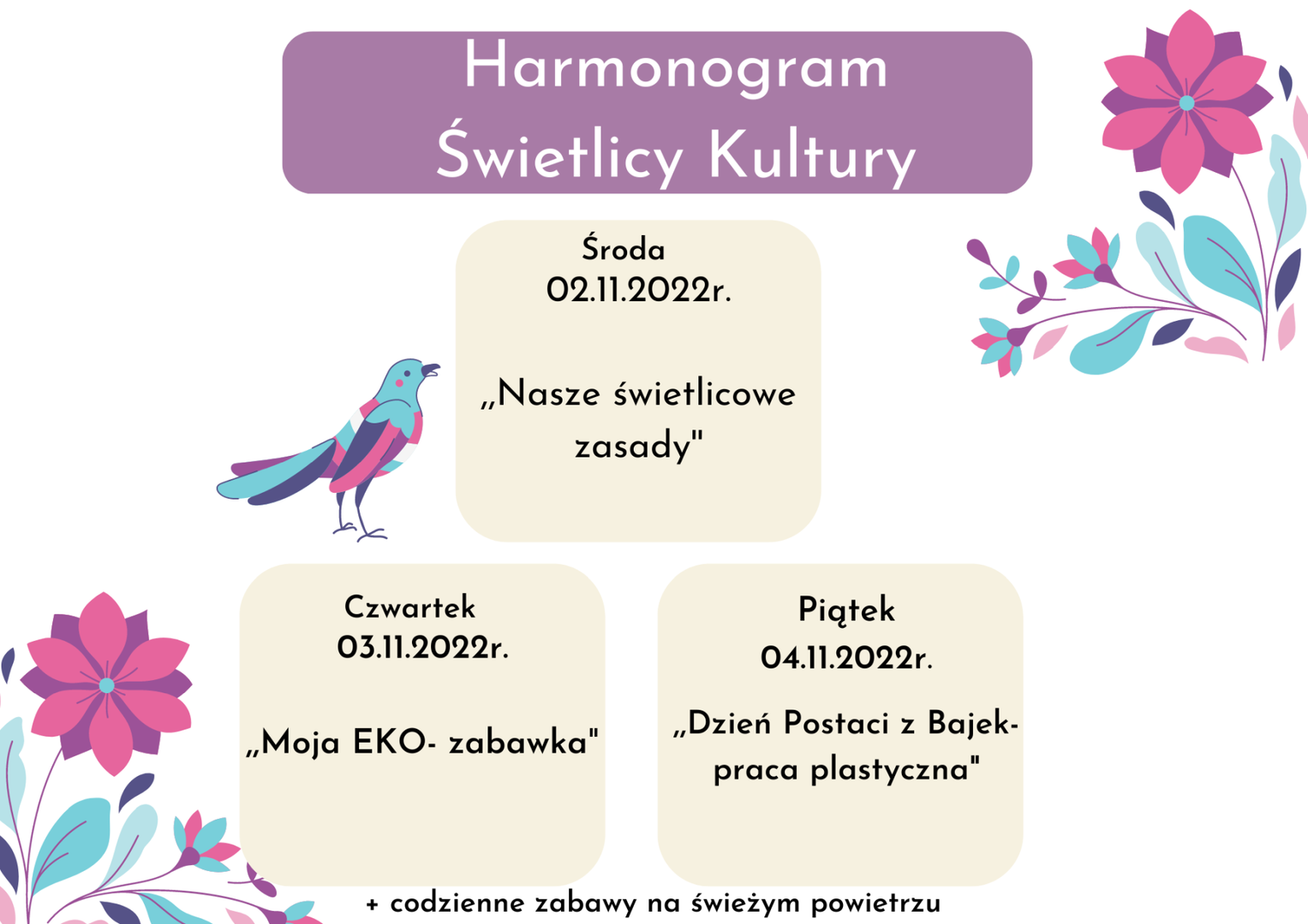 Harmonogram zajęć w Świetlicy Kultury w Malechowie w dniach 2-4 listopada.