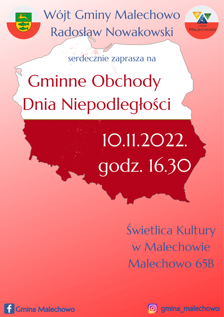 Plakat informujący o Gminnych Obchodach Dnia Niepodległości, które odbędą się dziesiątego listopada. 