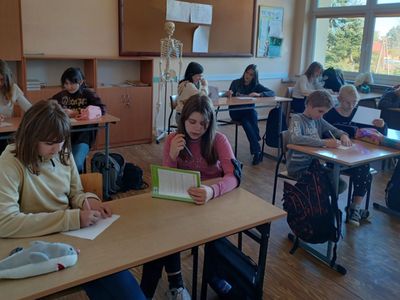 Uczniowie wypełniają kwestionariusz testu inteligencji wielorakiej.

