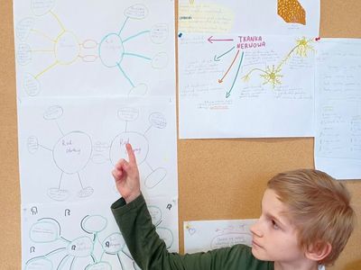 Uczeń prezentuje pracę wykonaną rutyną double-bubble.