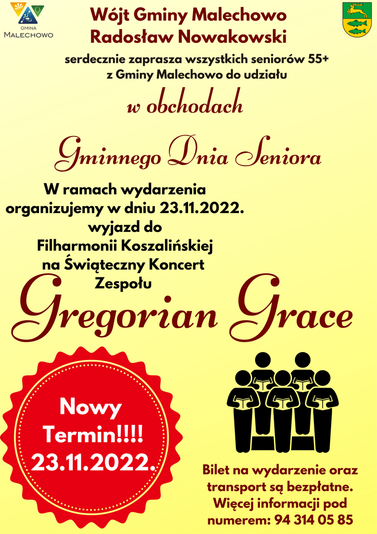 Plakat dotyczący koncertu Gregorian Grace z okazji Dnia Seniora.