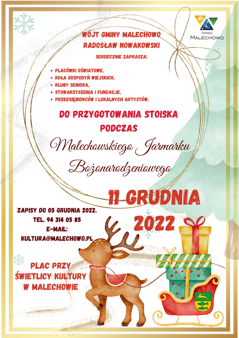 Plakat dotyczący jarmarku bożonarodzeniowego w Malechowie.
