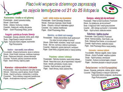 Harmonogram zajęć w Placówkach Wsparcia Dziennego w dniach 21-25 listopada.
