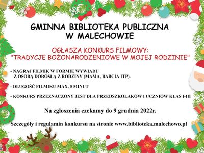 Plakat dotyczący  konkursu filmowego „Tradycje bożonarodzeniowe w mojej rodzinie”.