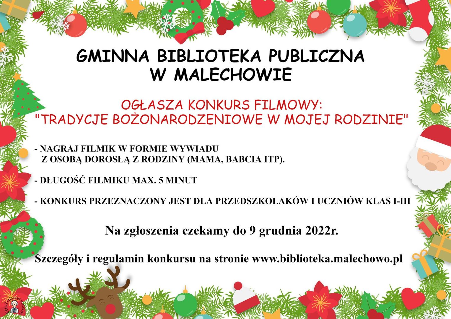 Plakat dotyczący konkursu filmowego „Tradycje bożonarodzeniowe w mojej rodzinie”.