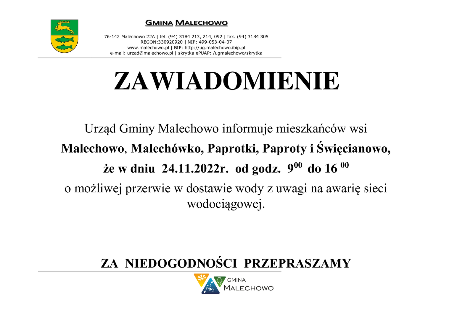 Zawiadomienie o przerwie w dostawie wody.