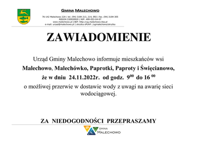 Zawiadomienie o przerwie w dostawie wody.