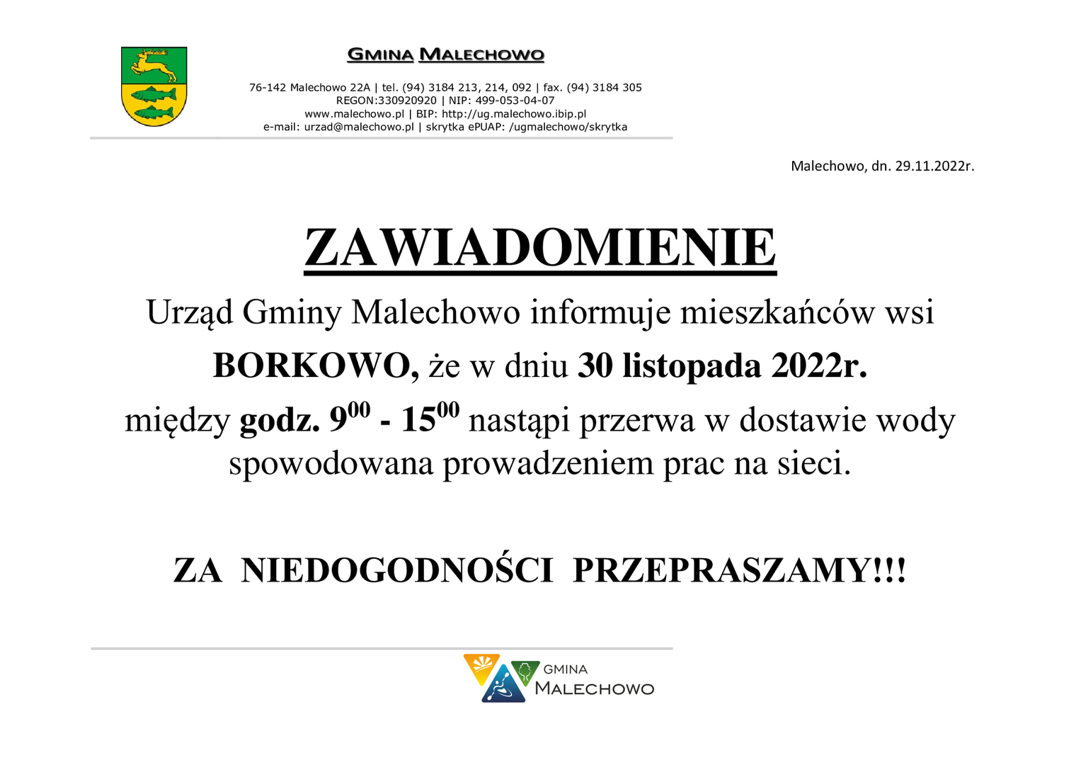Zawiadomienie o przerwie w dostawie wody w Borkowie.
