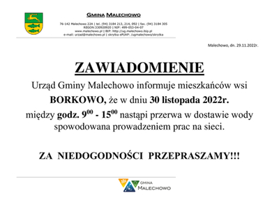 Zawiadomienie o przerwie w dostawie wody w Borkowie.
