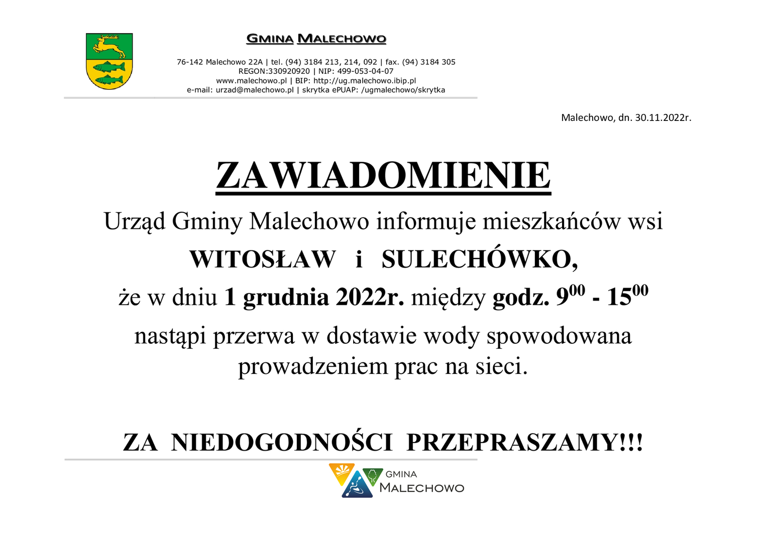 Zawiadomienie o przerwie w dostawie wody w Witosławiu i Sulechówku.
